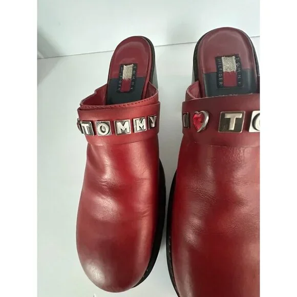Vtg Y2K 90’s Tommy Hilfiger Slip On Chunky Leather‎ Mules Womens 11M Bejeweled